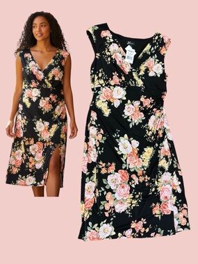 LC Studio Connection Floral Faux Wrap Dress NWT Size 12 Black Midi Romantic Slit